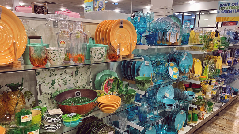 Various colored dishes in HomeGoods