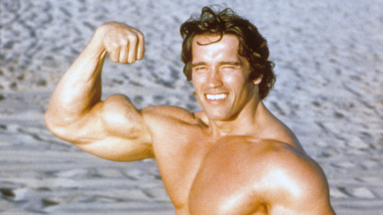 Arnold Schwarzenegger posing as a bodybuilder