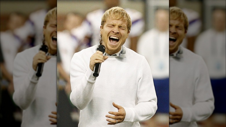 Brian Littrell singing at an NFL game in Detroit, 2006.