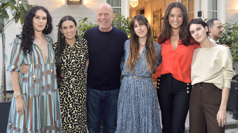 (L-R) Rumer Willis, Demi Moore, Bruce Willis, Scout Willis, Emma Heming Willis and Tallulah Willis at Demi Moore's 2019 'Inside Out' Book Party