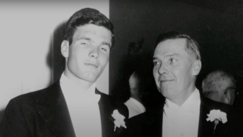 A black and white photo of Ted Turner and his father