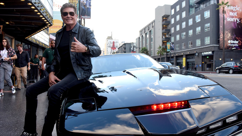 David Hasselhoff poses with the original 'Knight Rider' car in Los Angeles in October 2018