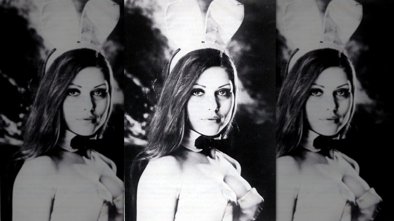 Black and white photo of Debbie Harry in a bunny waitress outfit