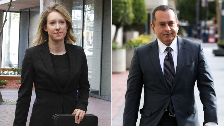 Split photo of Elizabeth Holmes arriving  in court and Ramesh "Sunny" Balwani arriving in court