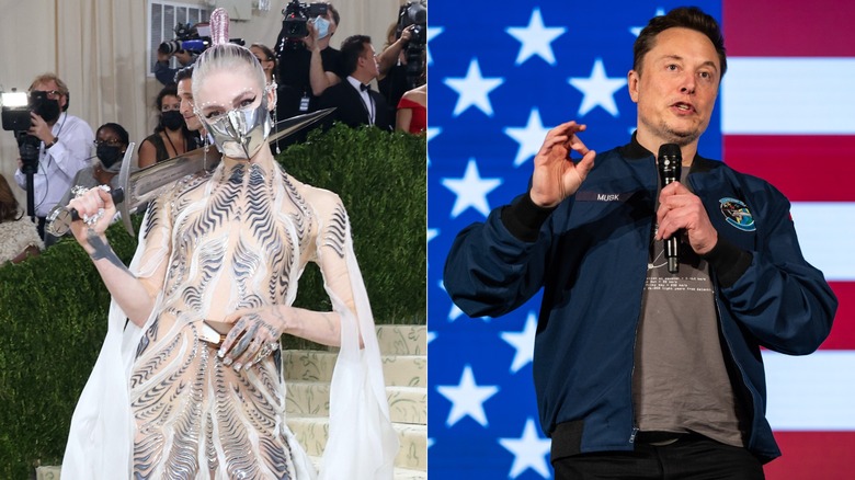 Side by side shots of Grimes on the red carpet and Elon Musk onstage in front of an American flag