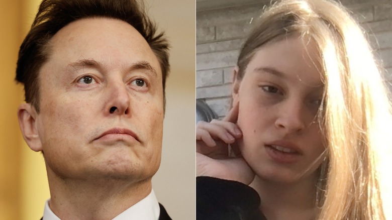 A split image of Elon Musk frowning and his daughter Vivian