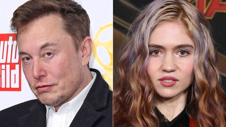 A split image of Elon Musk and Grimes, both looking frustrated