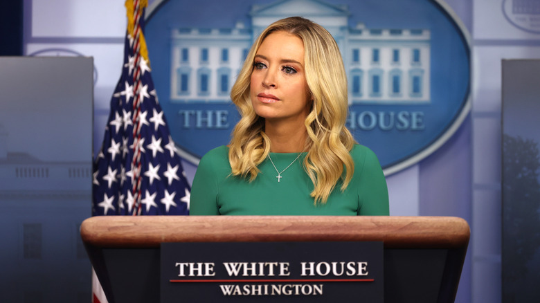 Kayleigh McEnany behind the podium in the press briefing room