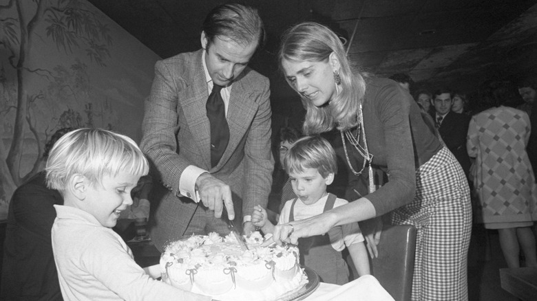 Joe Biden and wife Nelia cut his 30th birthday cake at a party in Wilmington with their sons Beau and Hunter Biden (1972)