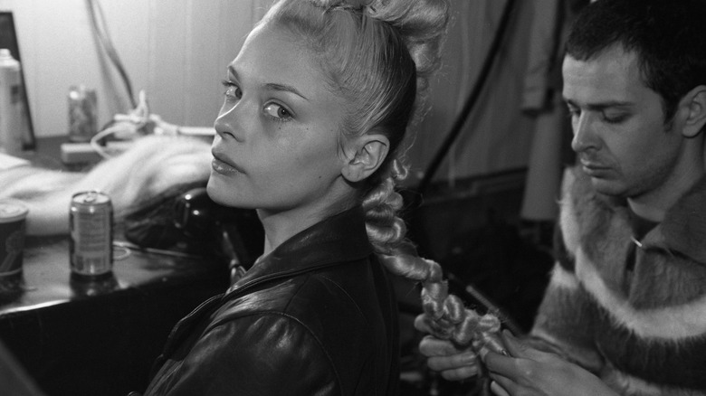 Black and white photo of Jaime King  backstage