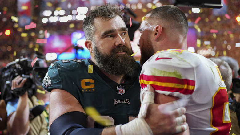 Jason and Travis Kelce hugging at the Super Bowl