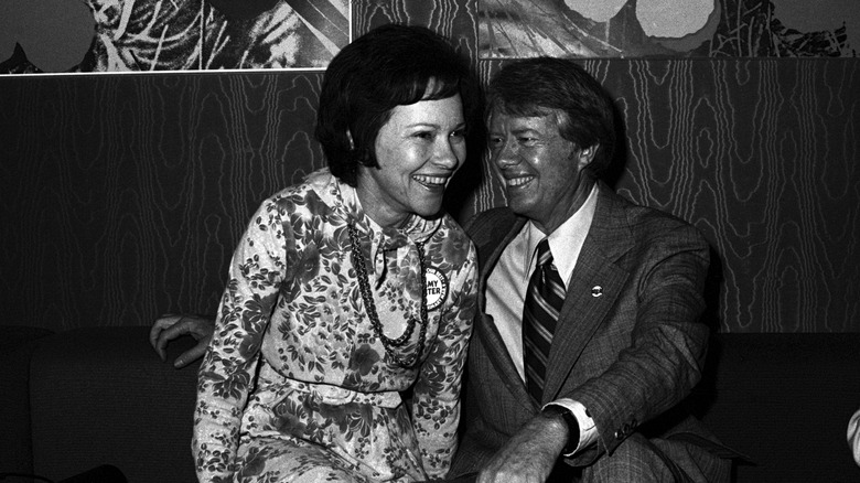 Young Rosalynn and Jimmy Carter smiling black and white