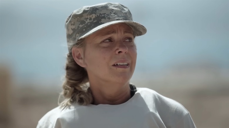 Kate Gosselin looking upset in a camouflage hat on Special Forces