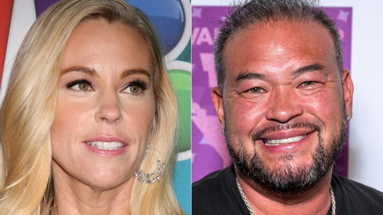 A split image of a long-haired Kate Gosselin and a bearded Jon Gosselin