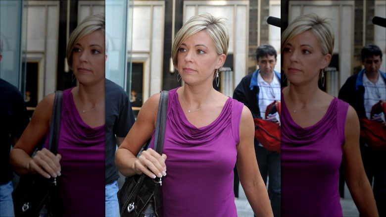 Kate Gosselin on the street in a purple shirt