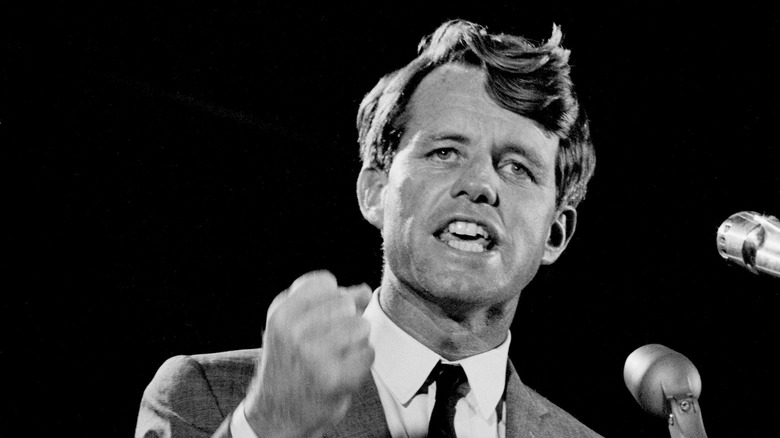 Robert F. Kennedy speaking in microphones