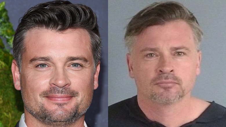 Split image of Tom Welling on a red carpet and in a mug shot