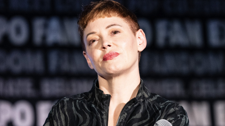 Rose McGowan looking out while onstage