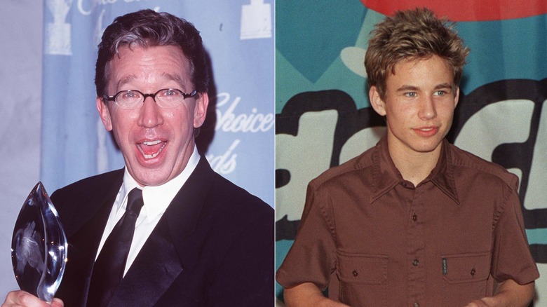 Tim Allen posing with an award and Jonathan Taylor Thomas looking off at something