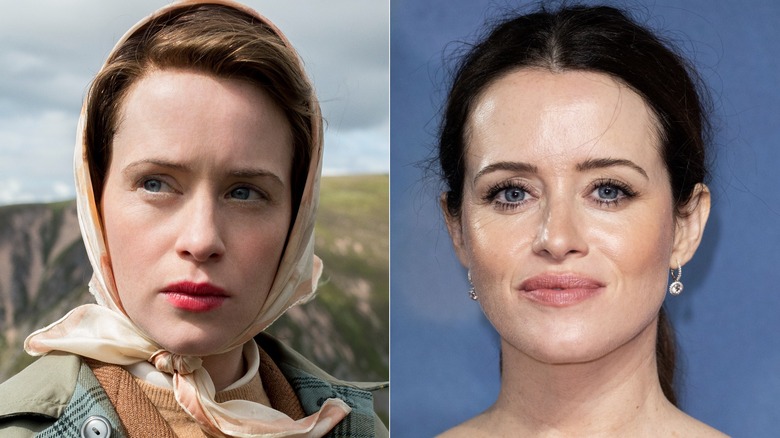 Split image of Claire Foy in The Crown vs. red carpet