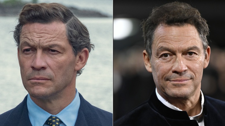 Split image of Dominic West in The Crown vs. red carpet