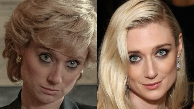 Split image of Elizabeth Debicki in The Crown vs. red carpet