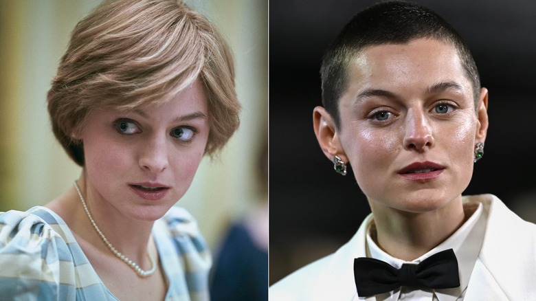 Split image of Emma Corrin in The Crown vs. red carpet