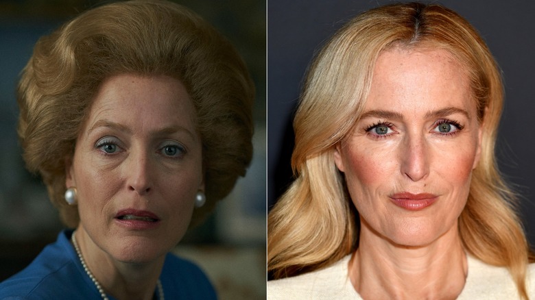 Split image of Gillian Anderson in The Crown vs. red carpet