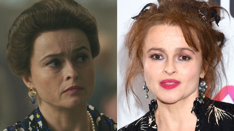 Split image of Helena Bonham-Carter in The Crown vs. red carpet