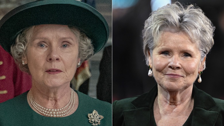 Split image of Imelda Staunton in The Crown vs. red carpet