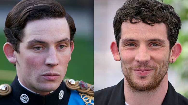 Split image of Josh O'Connor in The Crown vs. red carpet