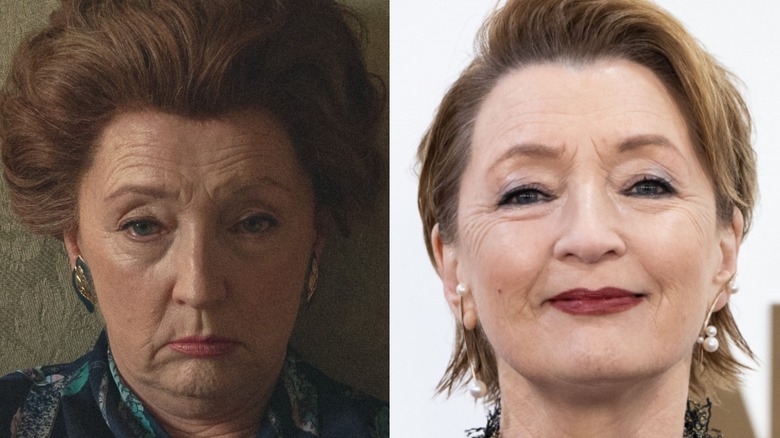 Split Image of Lesley Manville in The Crown vs. red carpet