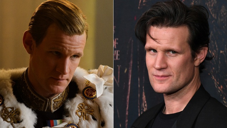 Split image of Matt Smith in The Crown vs. red carpet