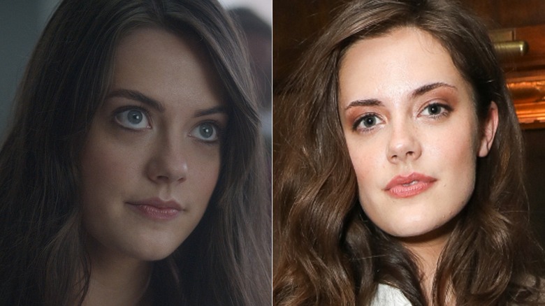 Split image of Meg Bellamy on The Crown vs. at an event