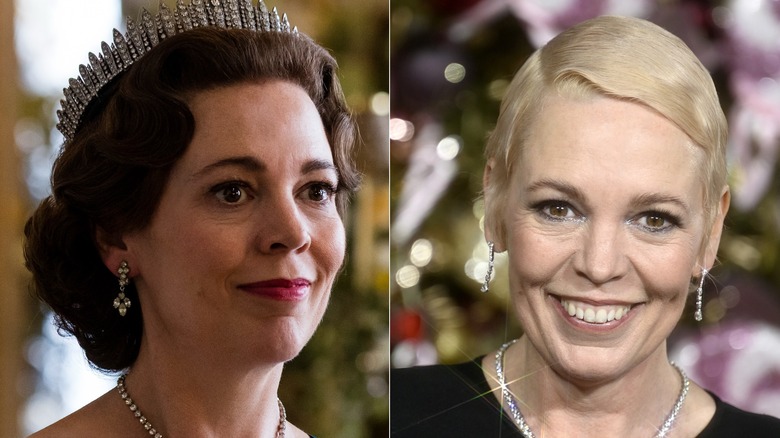 Split image of Olivia Colman in The Crown vs. red carpet