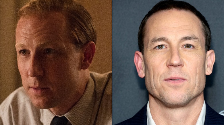 Split image of Tobias Menzies in The Crown vs. red carpet