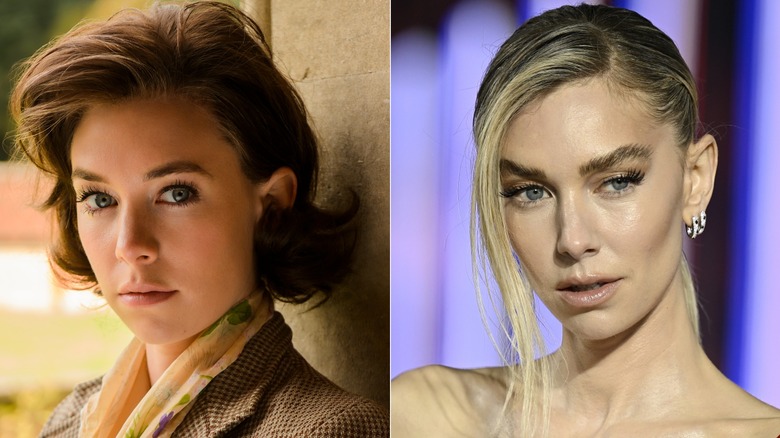 Split image of Vanessa Kirby in The Crown vs. red carpet