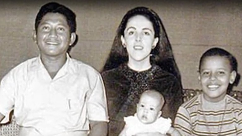 Lolo Soetoro, Ann Dunham, baby Maya Soetoro-Ng, and young Barack Obama smiling together