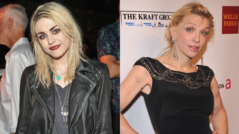 Frances Bean Cobain smiling and Courtney Love posing