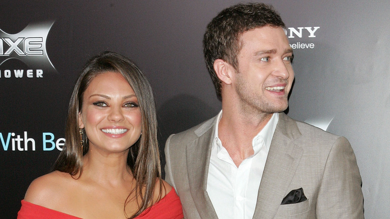 Mila Kunis and Justin Timberlake tan suit