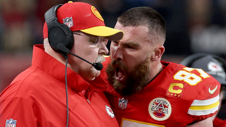 Travis Kelce yelling at Andy Reid during the 2024 Super Bowl