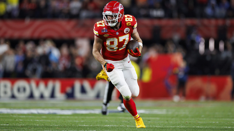 Travis Kelce playing during the 2024 Super Bowl