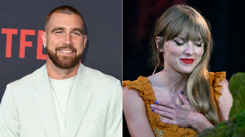 Travis Kelce smiling & Taylor Swift touching her heart