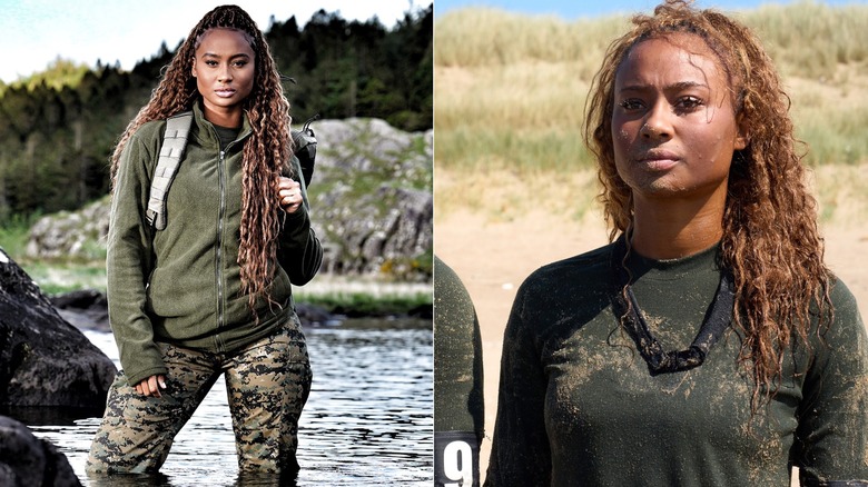 Kayla Nicole in the water, in army gear next to a photo where she has sand on her face and clothes.