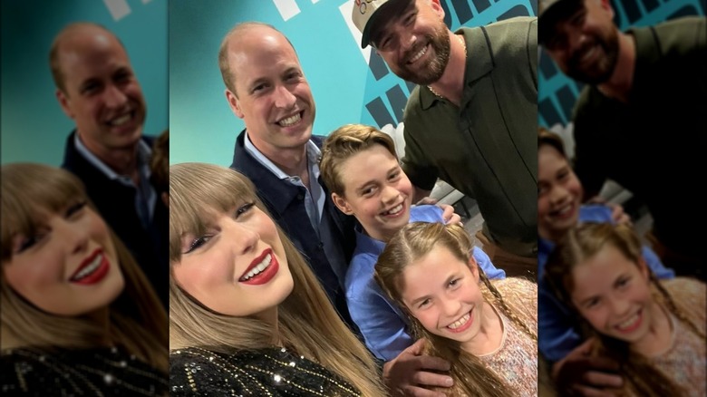 Taylor Swift, Prince William, Travis Kelce, Princess Charlotte, and Prince George pose for photo