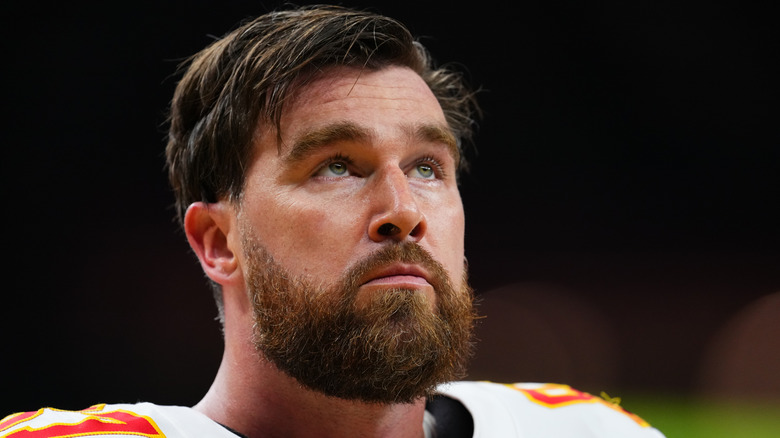 Travis Kelce looks up during Super Bowl 2025