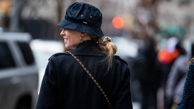 stylish woman wearing designer scrunchie