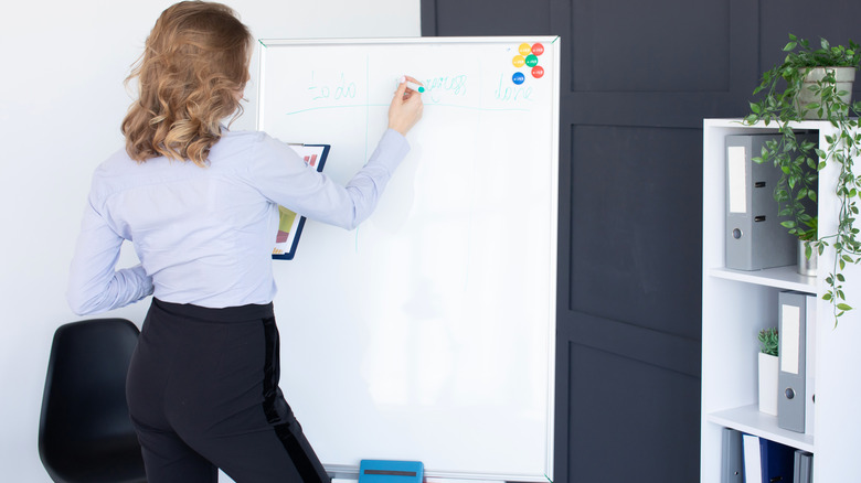 Woman in business casual attire writing on white board