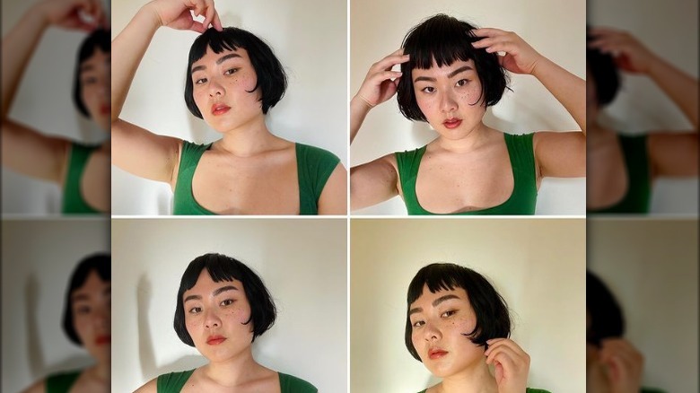 photos of woman playing with bob haircut