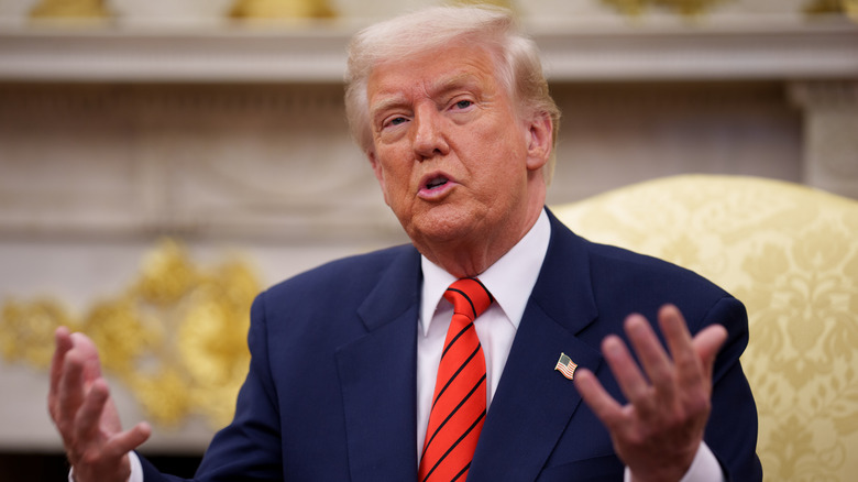 Donald Trump speaking while gesturing with his hands in the White House